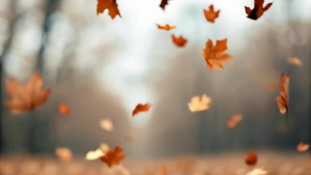 Beautifully colored autumn leaves gracefully fall in slow motion, eventually settling on a leaf-covered forest floor.