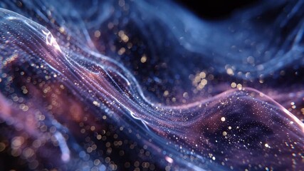 Mesmerizing abstract video showcasing flowing waves of vibrant blue and purple hues with sparkling golden particles, creating a dynamic and ethereal cosmic landscape with smooth camera movements and - Powered by Adobe