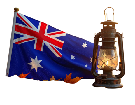 Australia Flag with Autumn Leaves and Vintage Lantern