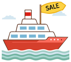 Obraz premium Cartoon Cruise Ship with Sale Sign on the Sea Waves Simple Vector Illustration