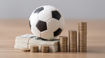 Soccer Ball on Stacked Coins Symbolizing Financial Success and Investment in Sports Business Growth and Economic Prosperity in Athletic Industry