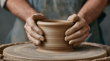 Hands of a skilled artisan shaping a clay pot on a wheel in a pottery studio showcasing the art of traditional craftsmanship and creativity
