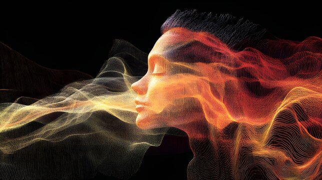 Abstract digital portrait of a serene woman with flowing energy on a dark background creating a sense of peace and inner harmony