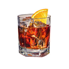 Dark, amber cocktail in a rocks glass with ice and orange slice