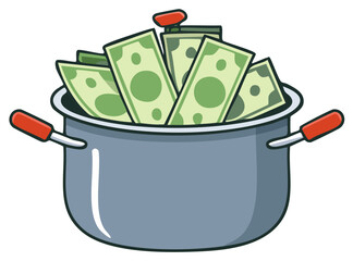 Cooking Pot Filled with Paper Money Representing Wealth and Financial Success