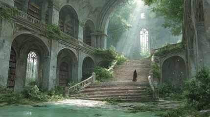 A Depiction of Resilience: A Man Stands on Ruined Stairs of an Ancient, Forgotten Building