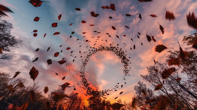 Sunset Leaf Vortex: Circular Storm of Autumn Leaves