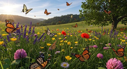 A vibrant meadow bursts with color, showcasing an array of wildflowers and butterflies flitting amongst them under a bright, sunny sky.