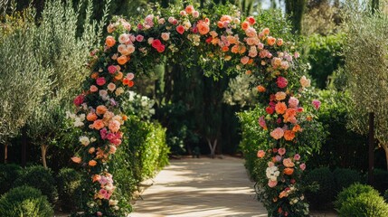 Beautiful wedding floral arch with colorful roses and green leaves in garden outdoor ceremony setting