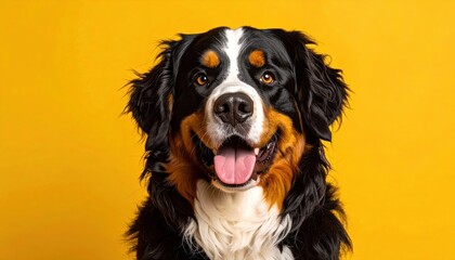 Fototapeta premium Majestic Bernese Mountain Dog with distinctive markings, looking directly at the camera against a vibrant yellow background