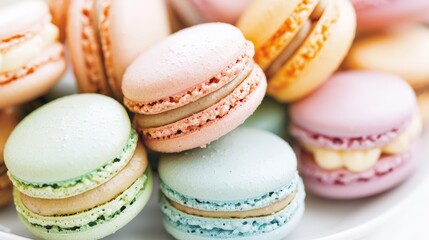 Obraz premium Close-up of a delicate French macaron in various pastel colors: A detailed image of an assortment of pastel-colored macarons neatly arranged on a plate, showing their smooth shells and creamy