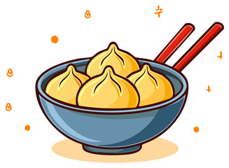 Bowl of delicious dumplings with chopsticks, simple flat illustration