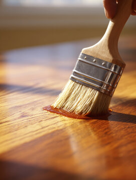 applying shellac over stian in wood table with a brush. AI generative.