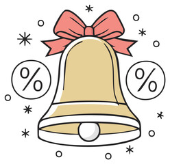 Outline bell with pink bow, percentage symbols, and festive elements for sales promotion