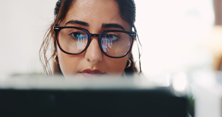 Glasses, tablet and research with business woman in office for data analysis, reflection and budget charts. Accounting graph, revenue planning and online report with person in finance firm for review