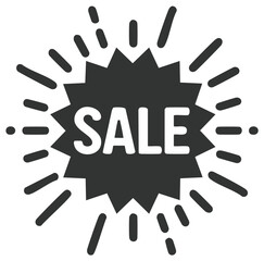 Graphic illustration of a SALE badge with burst effects and text in white
