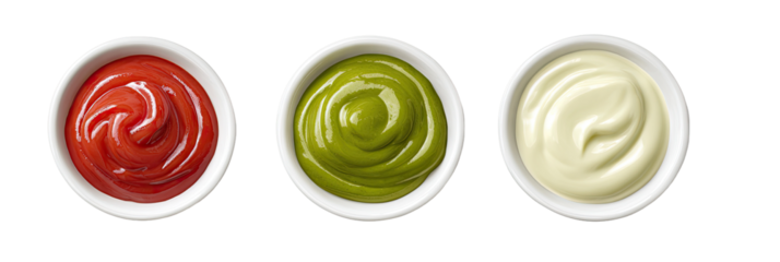Three small white bowls of condiments, red, green, and white