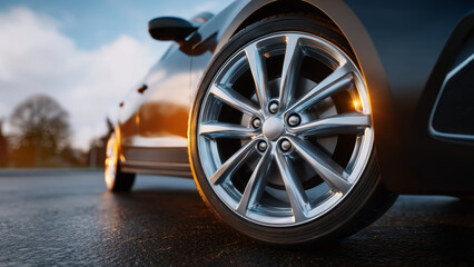 Car wheel close up with shiny alloy rim reflecting sunset light on wet asphalt road as automakers push ev sales before tax credit expires