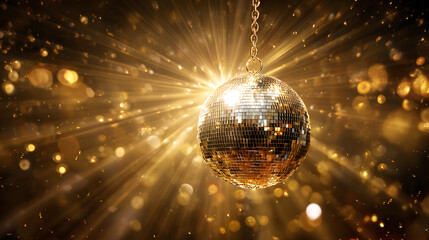 The image shows a disco ball suspended on a chain, located on the right side of the frame in the foreground. The disco ball is made of many small mirrors and reflects light, creating the effect of mul