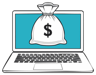 Online income and digital banking concept with a money bag on a laptop computer
