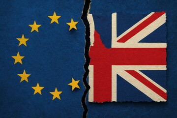 European Union and United Kingdom: The European Union flag and the United Kingdom flag are torn apart by a deep crack, symbolizing separation and a changing geopolitical landscape.