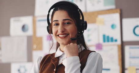 Headset, smile and portrait of woman in office for financial advisor, investment graph and agent. Data analysis, virtual consultant and account charts with person and mic in agency for profit