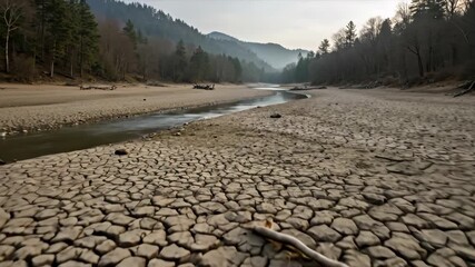 Cracked earth in dried up riverbed with small stream in forest valley. landscape banner. drought, climate change, and water scarcity concept for environmental awareness - Powered by Adobe
