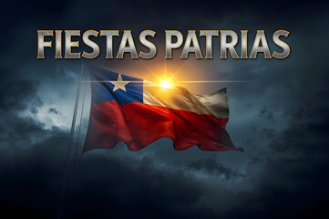 "Fiestas Patrias" with Waving Flag and Dramatic Sky