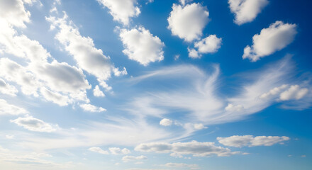 Fototapeta premium Beautiful bright blue sky with soft white clouds in daylight forming natural abstract background atmosphere