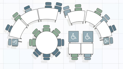 Top-down schematic of a versatile event space layout, showcasing various seating arrangements including round, curved, and accessible tables for inclusivity