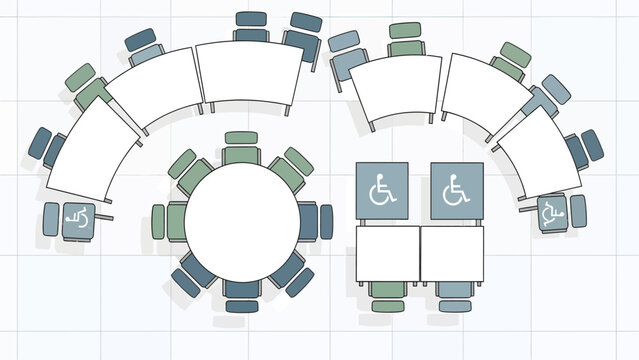 Top-down schematic of a versatile event space layout, showcasing various seating arrangements including round, curved, and accessible tables for inclusivity