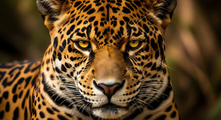 Fototapeta premium Close-up portrait of wild jaguar with detailed fur texture and piercing eyes representing powerful wildlife predator in nature
