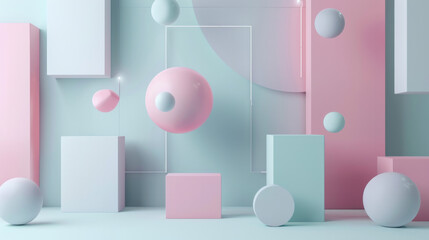 Abstract geometric shapes, soft pastel color palette, circles and squares stacked floating with soft shadows, minimalist clean design composition, copy space