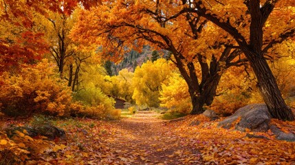 Obraz premium Stunning Autumn Landscape with Vibrant Orange and Yellow Foliage by a Serene Pathway