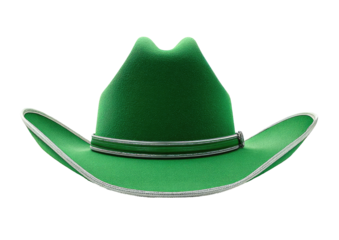 Green cowboy hat, slightly curved brim, light gray band