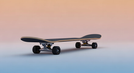 Black skateboard on gradient background representing urban youth lifestyle, extreme sports culture and modern skateboarding design