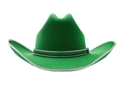 Green cowboy hat, slightly curved brim, light gray band - Powered by Adobe