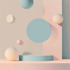 Abstract geometric shapes, soft pastel color palette, circles and squares stacked floating with soft shadows, minimalist clean design composition, copy space