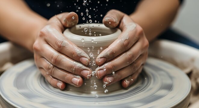 Close-up view of hands shaping wet clay on a pottery wheel, creating a small earthenware pot; the scene is lit with soft, natural light in a home studio, conveying a calm and