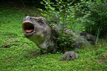 Chasmosaurus – dinosaur figurine in a forest.
