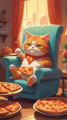 Warercolor cat on the couch - Cartoon style animals