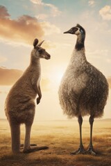 Fototapeta premium Kangaroo and cassowary interaction