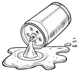 Ink illustration of spilled liquid and container, showing a leak