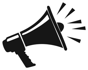 Black megaphone silhouette with sound waves, communication, announce or speak.