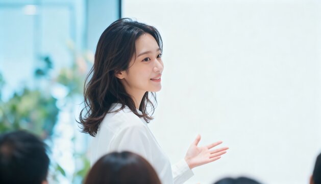 横顔でスピーチをするビジネスウーマン