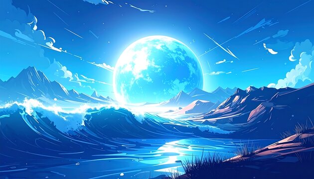 Celestial landscape with a large vibrant moon
