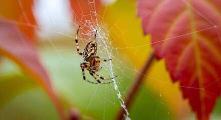 Macro photo of spider weaving a cobweb, blurred autumn leaves behind.