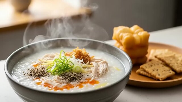 Steaming Chicken Congee with Youtiao & Crackers: A Delicious Asian Breakfast