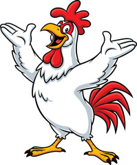 Cartoon Rooster Mascot with Open Wings, Happy Farm Chicken Character Isolated on White Background, Perfect for Food Branding and Marketing