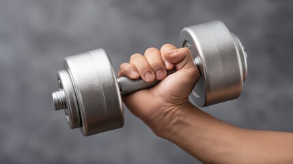 Close-up of an individual hand gripping a shiny dumbbell with a textured handle against a blurred grey background for fitness and training themes